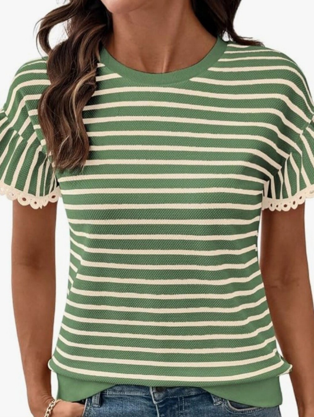 SHEWIN XL Green & Cream Striped Knit Sweater Ruffle Sleeve Top